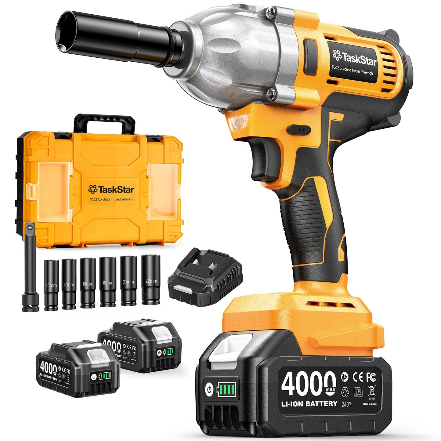 Cordless Impact Wrench 1/2 Inch, 1200N·m(886ft・lbs) Brushless High Torque Impact Gun, 21V Electric Impact Driver, 2x4.0Ah Batteries, Charger & 6 Sockets, Variable Speeds for Car/Truck RV/Mower