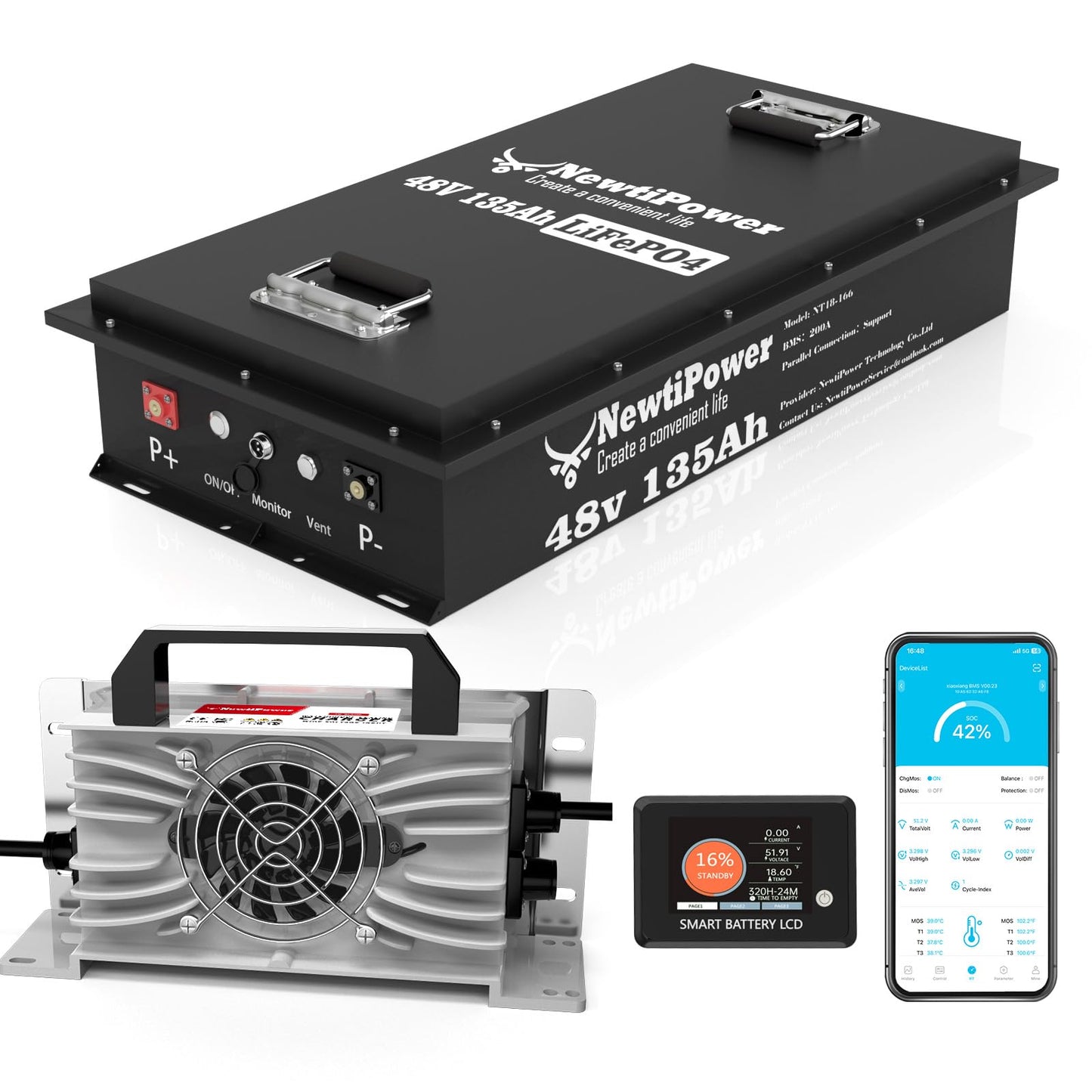 48V 135Ah Golf Cart Lithium LiFePO4 Battery with Charger and 200A BMS Grade A Cells Deep Cycle Rechargeable Battery,10000+ Cycles,Perfect for Golf Cart,Off Grid Applications (48V 135Ah-GC-Chr)