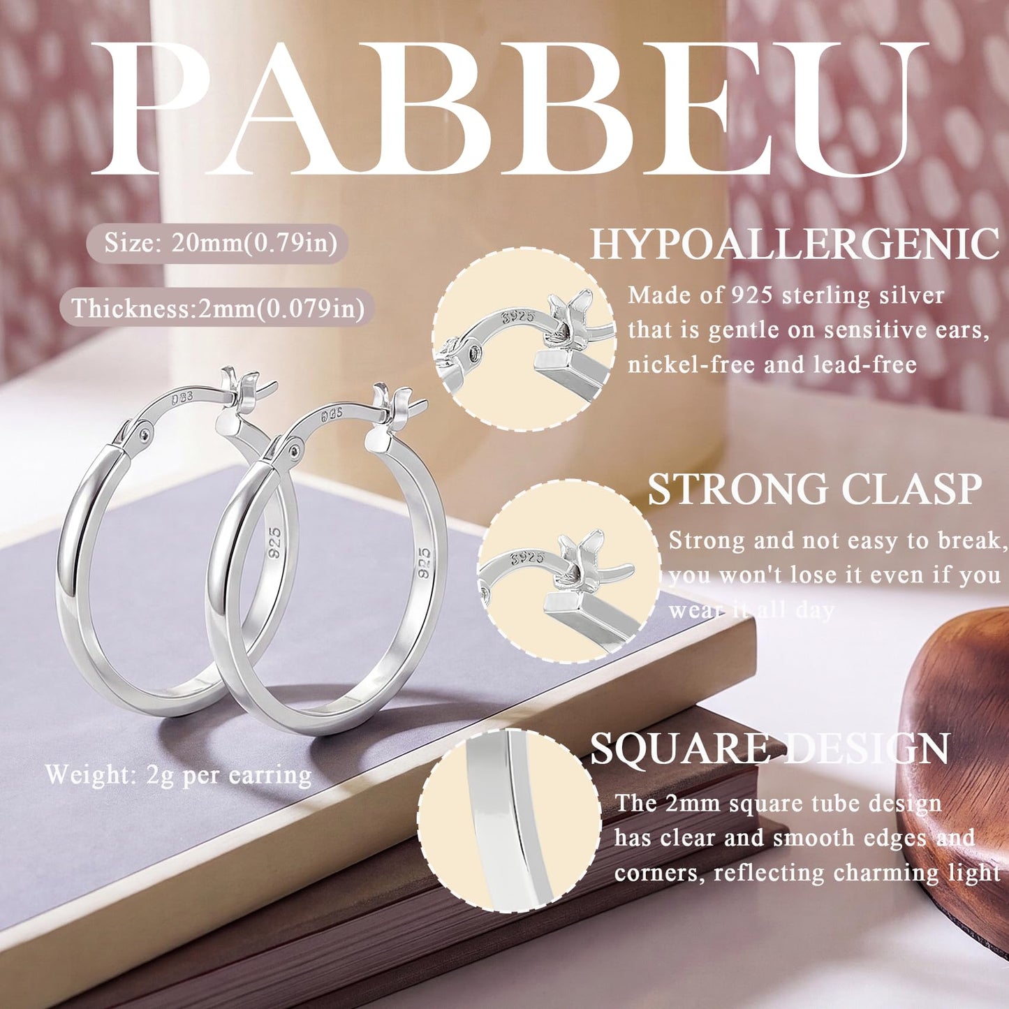 PABBEU 925 Sterling Silver Hoop Earrings Hypoallergenic Silver Hoop Earrings Lightweight Large Hoop Earrings for Women with 925 Sterling Silver Post 20/30/40/50/60/70mm