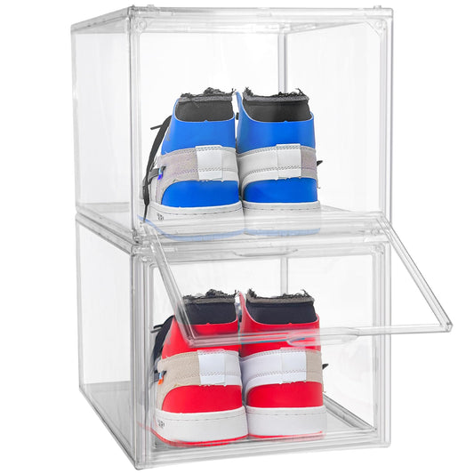 2 Pack Drop Front Shoe Boxes Fit US Size 13, Acrylic Shoe Organizer Clear Stackable Sneaker Sotrage Box for Entryway, Home, Underbed, Multiple Display Cases for Cosmetic, Hats, Figures, Sneakers