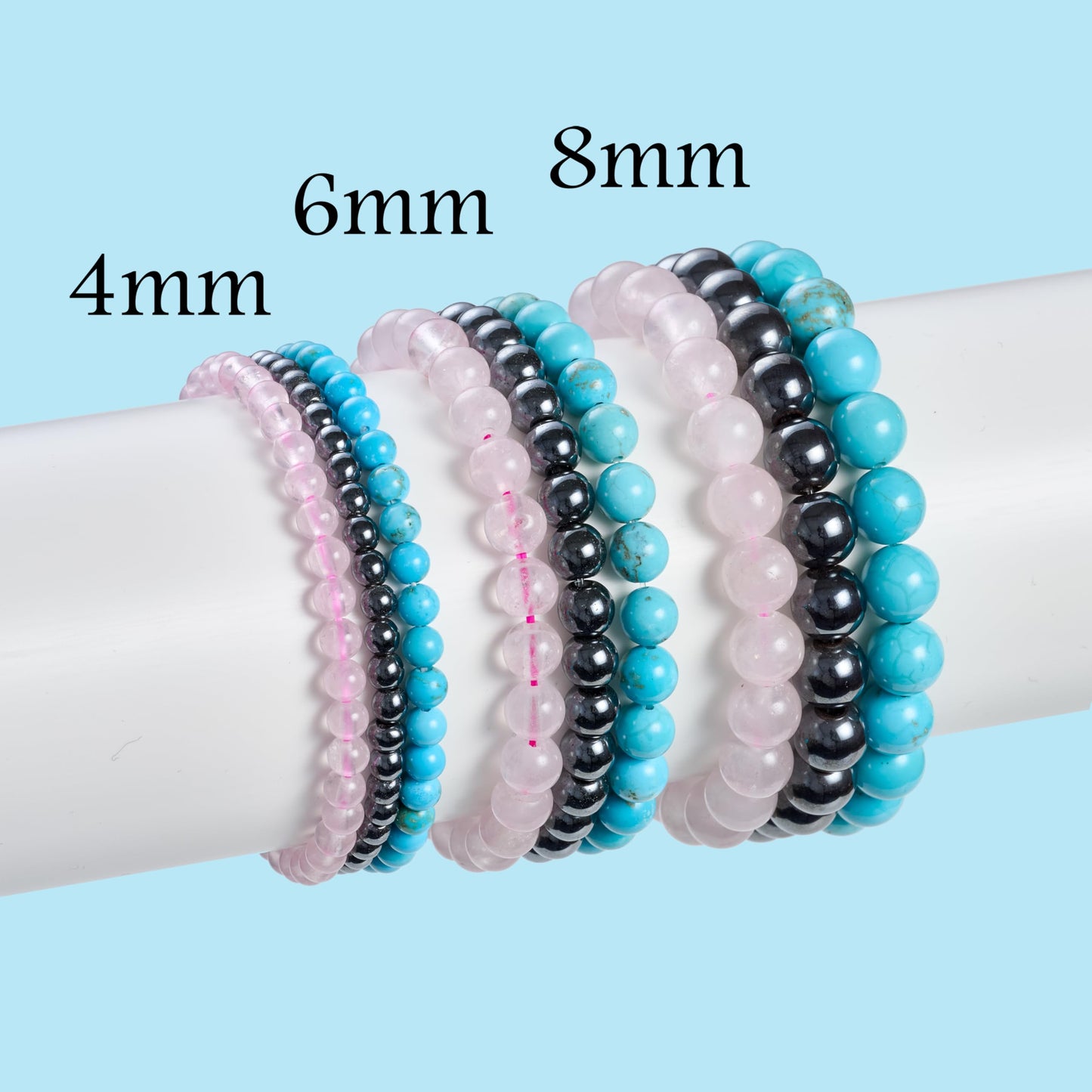 Bivei 3-Piece 8mm Beaded Bracelets for Women – Hematite, Rose Quartz, Green Turquoise – Handmade Natural Crystal Stretch Elastic Jewelry for Meditation, Yoga, Protection Gifts