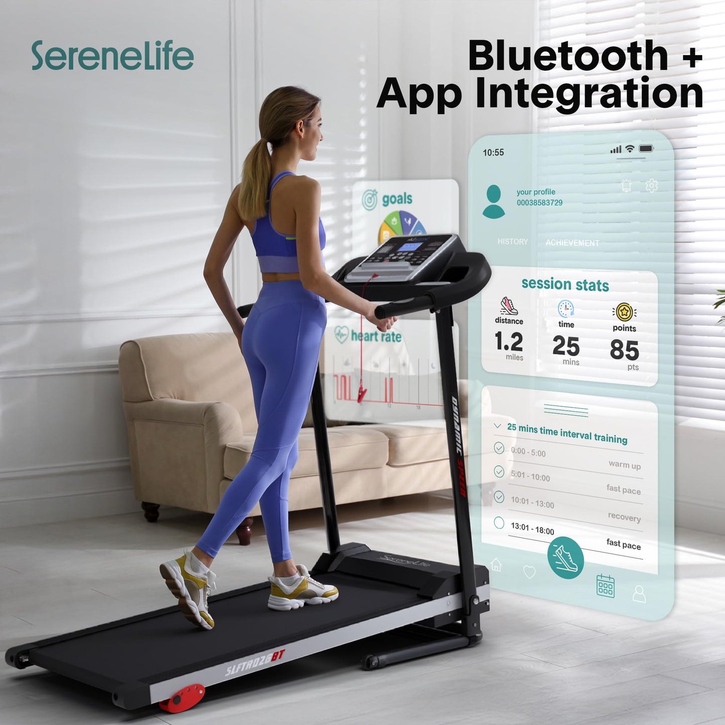 SereneLife Treadmill with Incline & Handle Bars | Compact Portable Walking Pad & Treadmill for Home/Apartment | Wide Running Belt 40" x 16" | Includes Workout Trainer Program with Bluetooth App