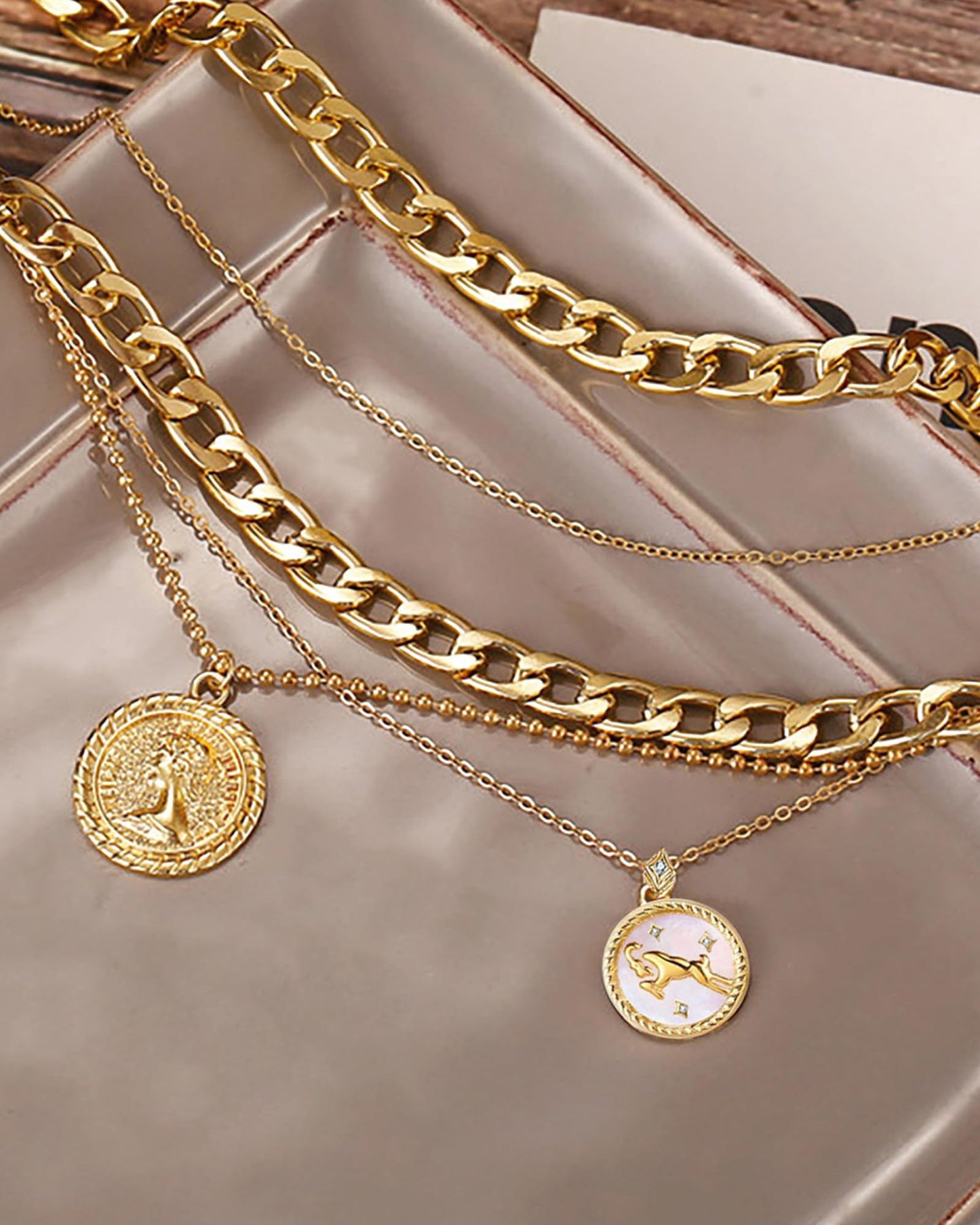 MJartoria Gold Layered Necklaces for Women Trendy Retro Coin Pendant Necklace Dainty Chunky Chain Choker Necklaces for Jewelry Birthday Gifts (Gold, Zodiac-Aries-3PCS Layered)
