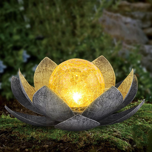 AIINY Garden Solar Light Outdoor(2Pack), Amber Crackle Globe Glass Lotus Decoration, Waterproof Gary Metal LED Flower Lights for Patio,Lawn,Walkway,Tabletop, Garden Gifts for Women
