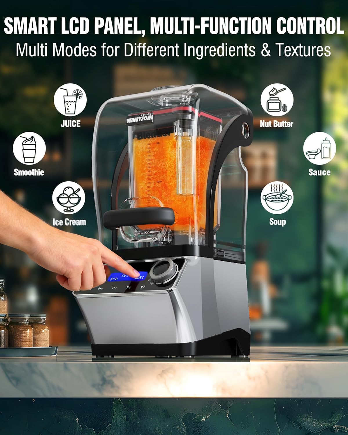 WantJoin Commercial Blender - 68 oz Quiet Commercial Blender for Smoothies with LED Touch Panel & Sound Enclosure, 2200W Copper Motor, 30000RPM, 7 Speeds, Blenders for Frozen Drinks, Juice, Soup