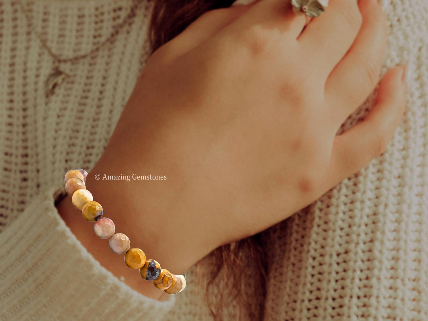 Amazing Gemstone Mookaite Jasper Bracelet for Women - Chakra Mens Bracelet Protection Crystals&Healing Stones - Blessing Bracelet Spiritual Meditation Gift (Faceted Beaded Bracelet)