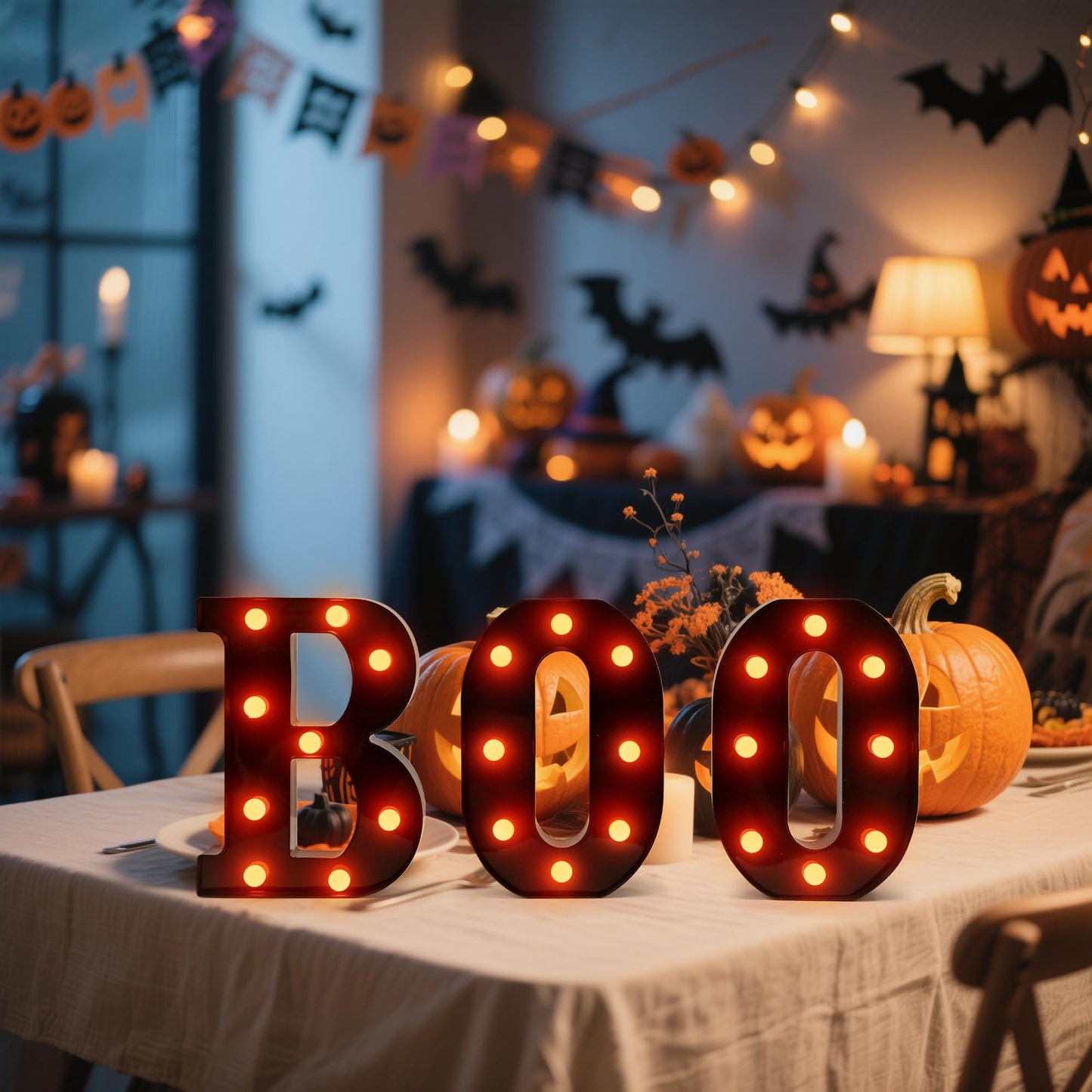 Halloween LED Marquee Letters “BOO” Set - 3 Pcs Black Alphabet Lights with Orange Glow, Perfect for Halloween, Christmas,Birthday Party, Bar Decor, Battery - Operated Ambience Lamps