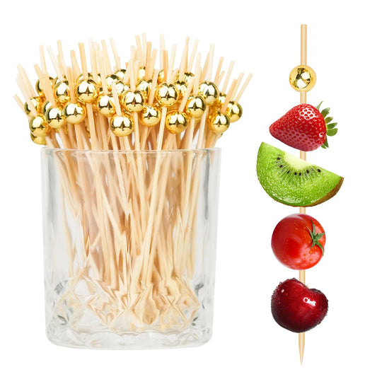 200PCS Cocktail Picks, Fancy Toothpicks for Appetizers, Decorative Skewers for Appetizers Drinks Party Fruit, 4.7 Inch Long Wooden Bamboo Gold Ball Food Sticks Charcuterie Boards Accessories