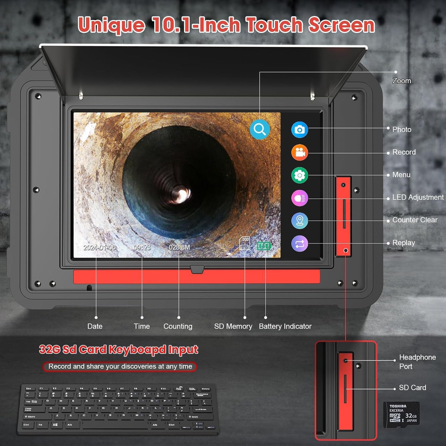 Oiiwak Sewer Camera with Locator, OK-S1 7mm Diameter Cable 10.1" Touch-Screen Sewer Inspection Camera with DVR for Drain Plumbing Pipe - 512 Hz Sending Set, Self-Leveling, Distance Counter, 165FT