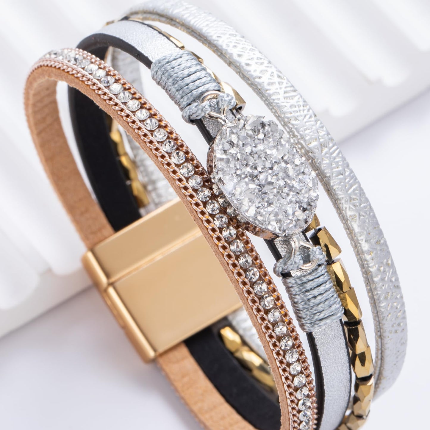 FANCY SHINY Boho Leather Wrap Bracelet Stackable Chunky Crystal Cuff Bracelets with Magnetic Clasp Cowboy Cowgirl Western Summer Beach Outfits Jewelry Gifts for Women (7.7", Silver/Gold)