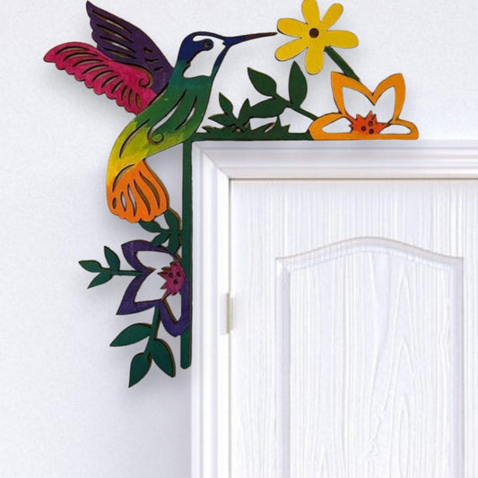 2024 Hand Painted Door Topper, Metal Double Sided Hummingbird Flower Cardinal Flamingo Starfish Leaf Funny Creative Door Frame Topper Corner Silhouette Wall Art Decor for Nature Lovers (Hummingbird)