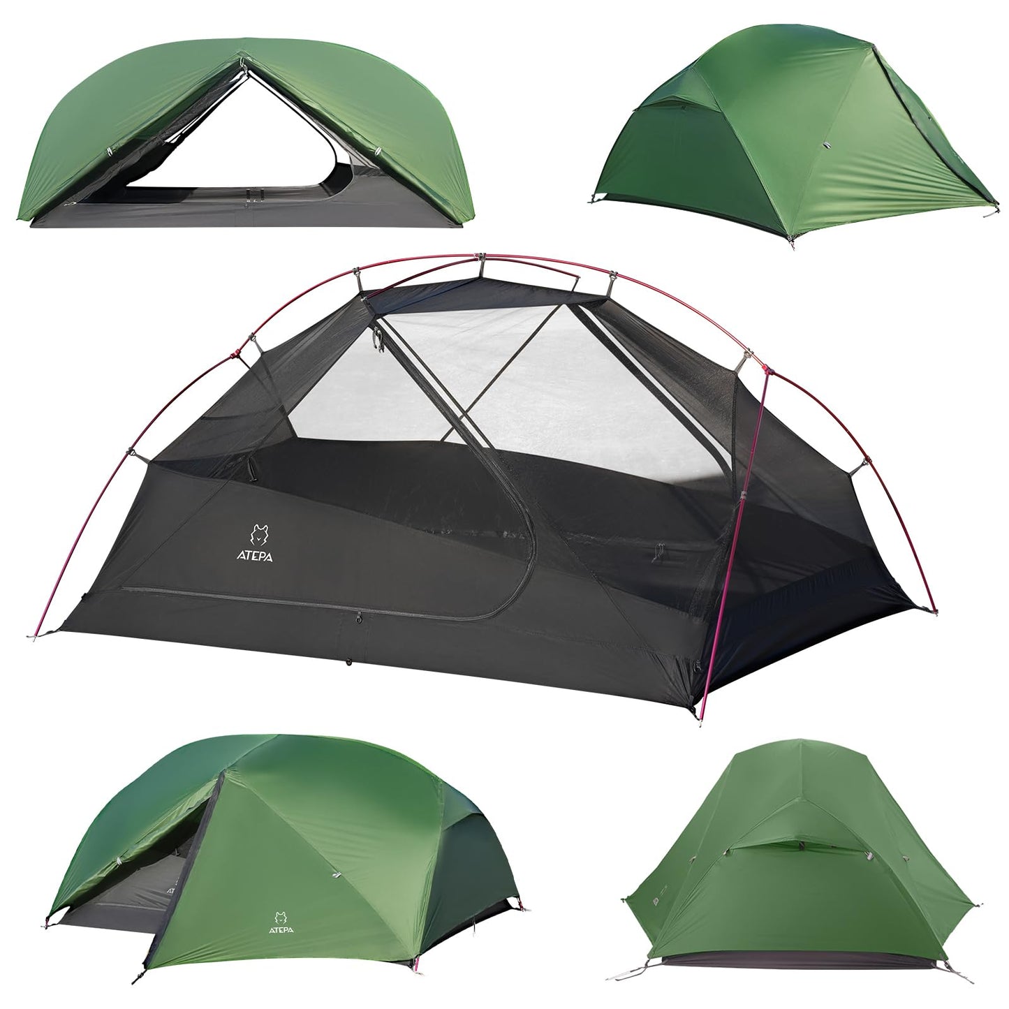 ATEPA Voyage 2 Person Backpacking Tent, 4 Season Camping Tent Two Person, 4000mm Waterproof 20D Nylon Rainfly & Aluminum Frame for Backpacking Hiking Outdoor Car Camping Motorcycle Cycling, Green