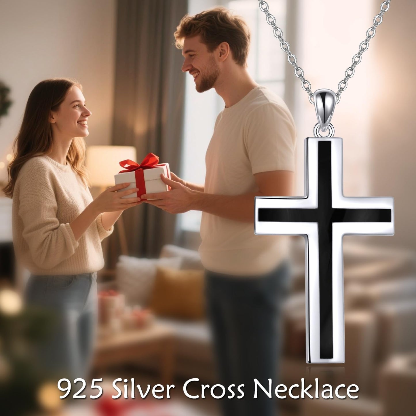 YFN Cross Necklace Sterling Silver Black Onyx Cross Pendant Religious Jewelry Gifts for Women Men