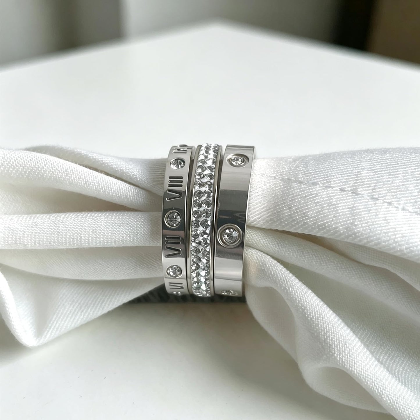 YIKOXI 3pcs Love Friendship Lucky Ring Cubic Zirconia Gold Ring Sets for Women Stainless Steel Wedding Statement Thumb Ring Bands (Silver, 9)