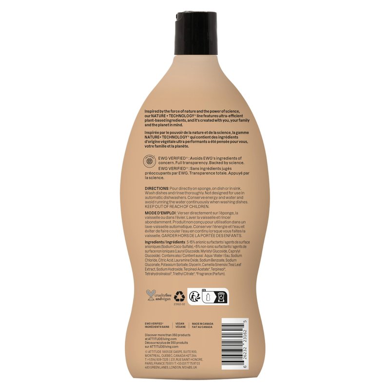 ATTITUDE Dish Soap, EWG Verified, Plant-Based & Vegan Dishwashing Liquid, Naturally Derived, Italian Lemon Scent, 24 Fl Oz