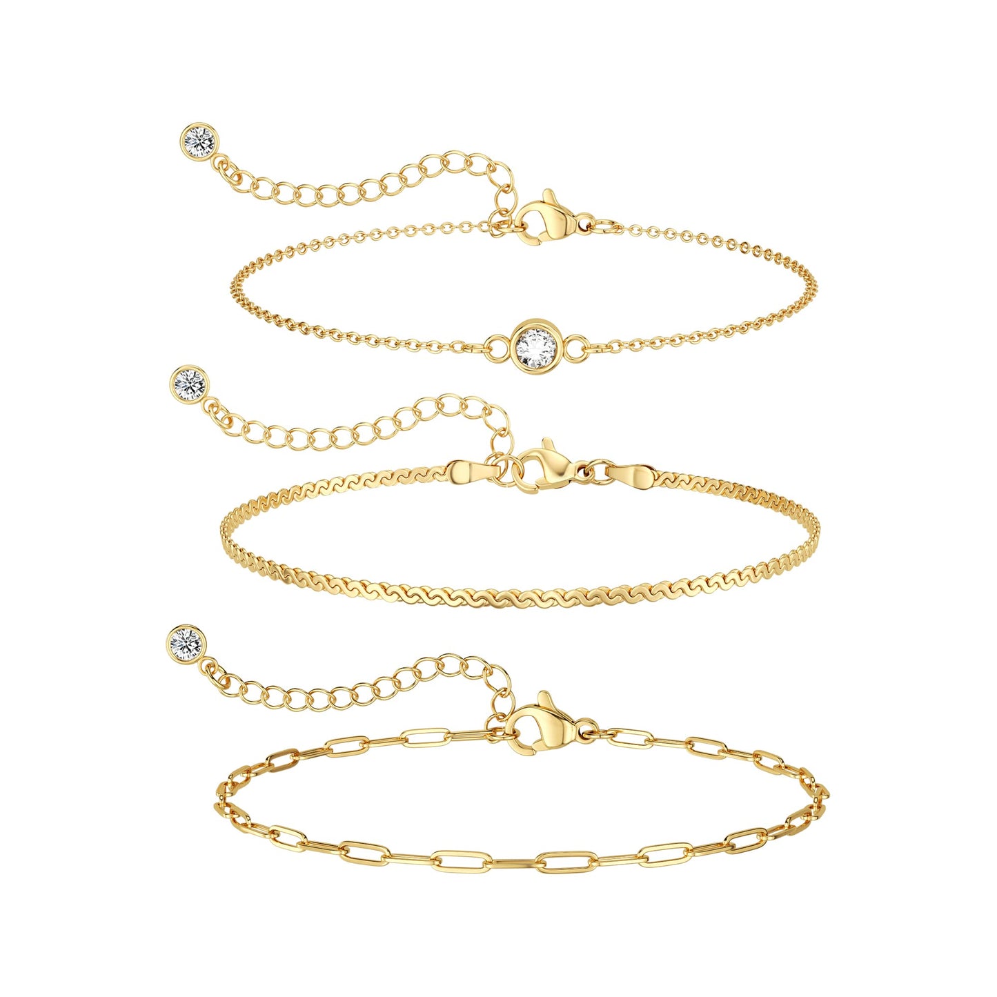 Dainty Bracelets for Women Trendy, 14k Gold Plated Stackable Bracelets Layered Paperclip Snake Chain Bracelet Set Fashion Minimalist Simple Bracelets Cute CZ Jewelry Gifts for Women