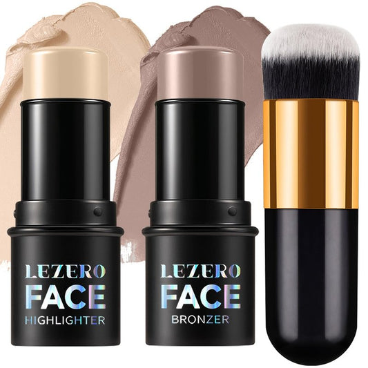 2Pcs Contour Stick with Brush Set, Highlighter and Bronzer Face Stick for Face Shaping, Long Lasting Waterproof Silky Cream Contouring Stick for Sculpt the Face, Non-Greasy Formula (8#、#14, Brush)