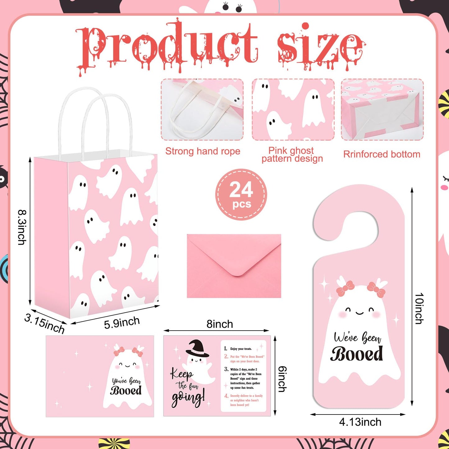 Resholder 24 Set Halloween You've Been Booed Ghost Paper Gift Treat Bag Kit with 24 Boo Gift Bags 24 Cardstock 24 We've Been Booed Doorknob Hangers 24 Envelopes for Neighbors Friends(Pink Ghost)