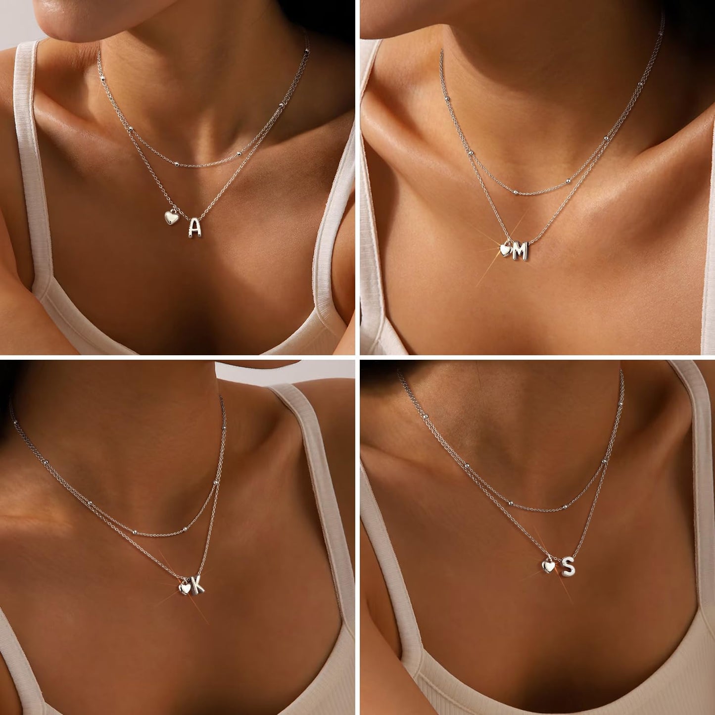 adoyi Silver Heart Initial Necklaces for Women 14k Gold Plated Layered bubble Letter Necklace Dainty Heart D Pendant Necklace Stack Birthday Valentines Gifts for Women Jewelry