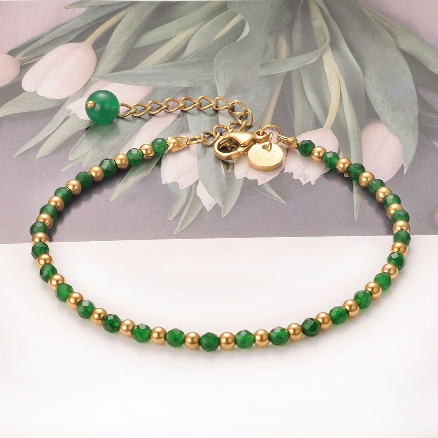 vissen Beaded Green Natural Stone Bracelet For Women Green Crystal Bracelet Gold Plated Bracelets Adjustable Jewellery