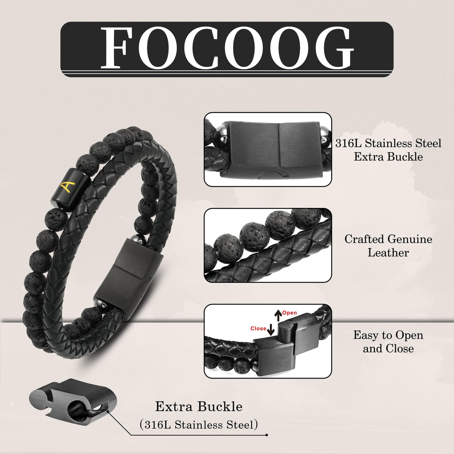 Leather Bracelets for Men with Initial - Men Gifts Lava Rock Bead Magnetic Clasp Gift for Husband Black Mens Leather Bracelets Men's Initial C Bracelet for Men's Jewelry Mens Gifts for Dad Husband