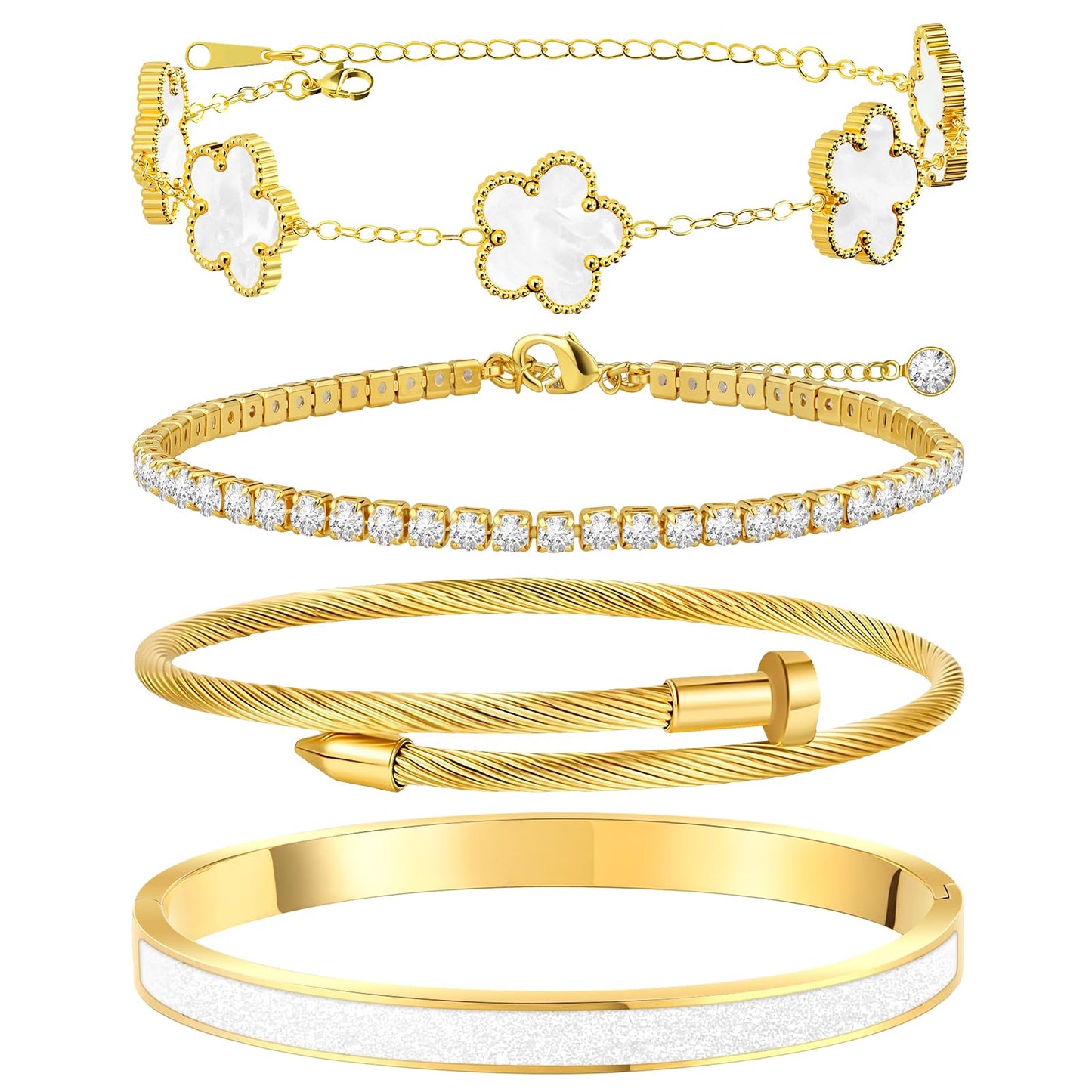 MOINSPIRE 18K Gold Plated Bracelets for Women, Stainless Steel Four Leaf Clover Tennis Nail Love Bangle Bracelets Set, Trendy Stackable Twist Cuff Bracelet Non Tarnish Jewelry Gifts for Christmas