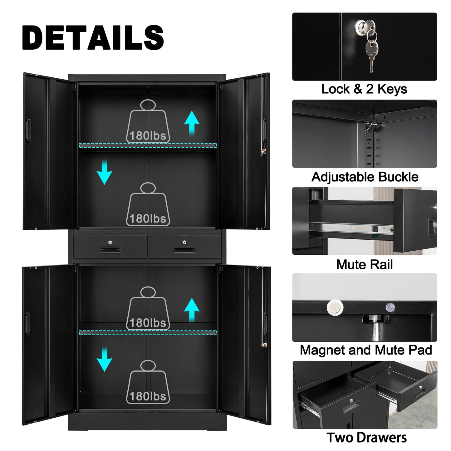 Wanfu Metal Storage Cabinet, 71" Locking Storage Cabinet with Adjustable Shelves and 2 Drawers, Steel Cabinets for Office, Garage, Home, School, Utility Room(Black)