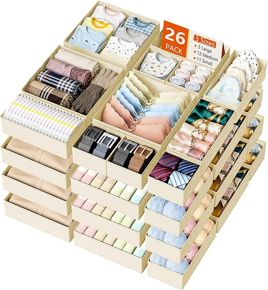 DIMJ Drawer Organizer Clothes - 26 Pack Closet Drawer Organizer Bins for Baby Clothes Storage, Fabric Dresser Organizer for Nursery Bedroom, Foldable Small Drawer Dividers for Underwear Socks