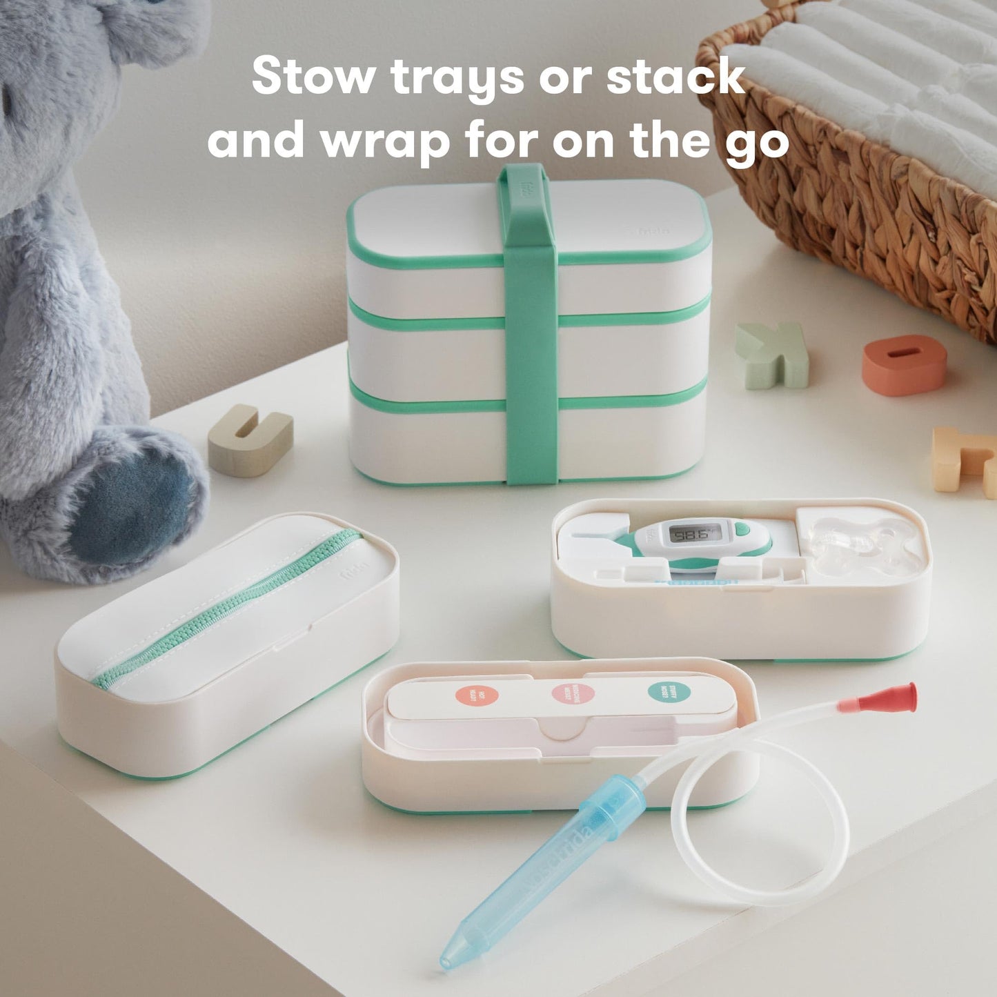 Frida Baby Mobile Medicine Cabinet Travel Kit, Set Baby Essentials Gift Set Includes NoseFrida Snotsucker, Rectal Thermometer, MediFrida Medicine Dispenser with Portable Carrying Case