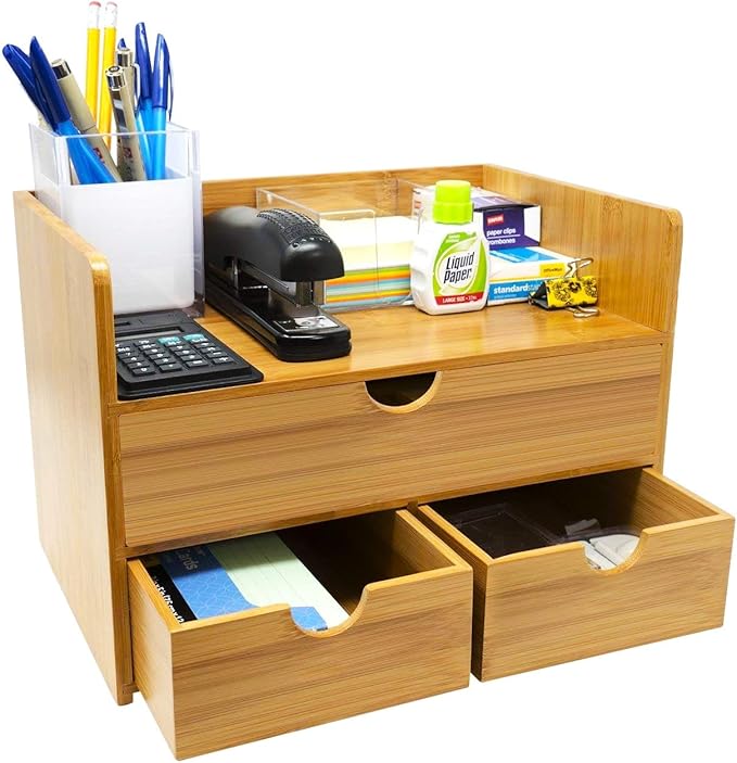 Sorbus Bamboo Desk Organizer - 3-Tier 100% Bamboo Desktop Organizers â Mini Bamboo Desk Drawer Tabletop Storage Box Countertop Organization 3 Drawers & Shelf - Office, Makeup Vanity, Fully Assembled