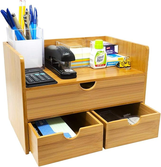 Sorbus Bamboo Desk Organizer - 3-Tier 100% Bamboo Desktop Organizers â Mini Bamboo Desk Drawer Tabletop Storage Box Countertop Organization 3 Drawers & Shelf - Office, Makeup Vanity, Fully Assembled