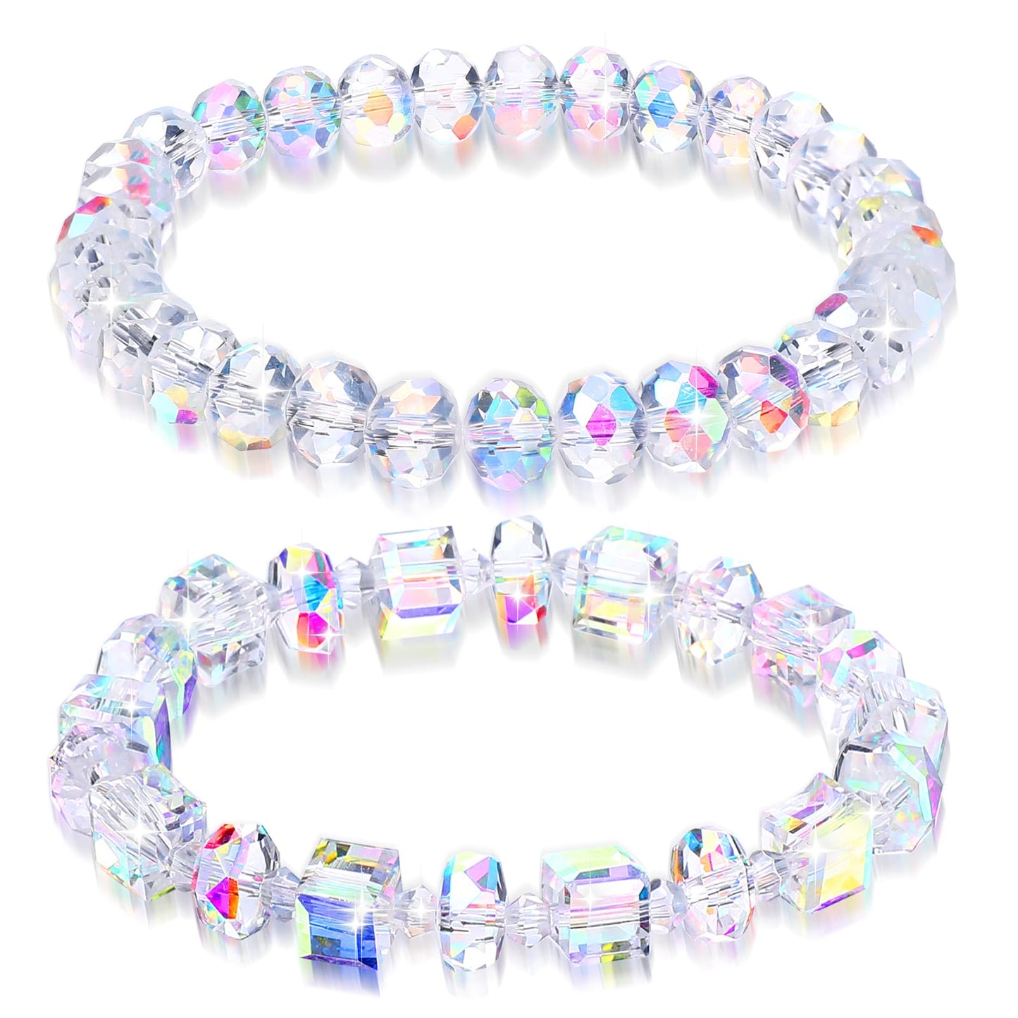 YUXIANLB 2PCS Beaded Stretch Bracelet Set for Women Austrian Crystal Stretch Bracelets Rainbow Aurora Borealis Jewelry Rainbow Reflective Crystal Chain for Birthdays Valentines Retirements
