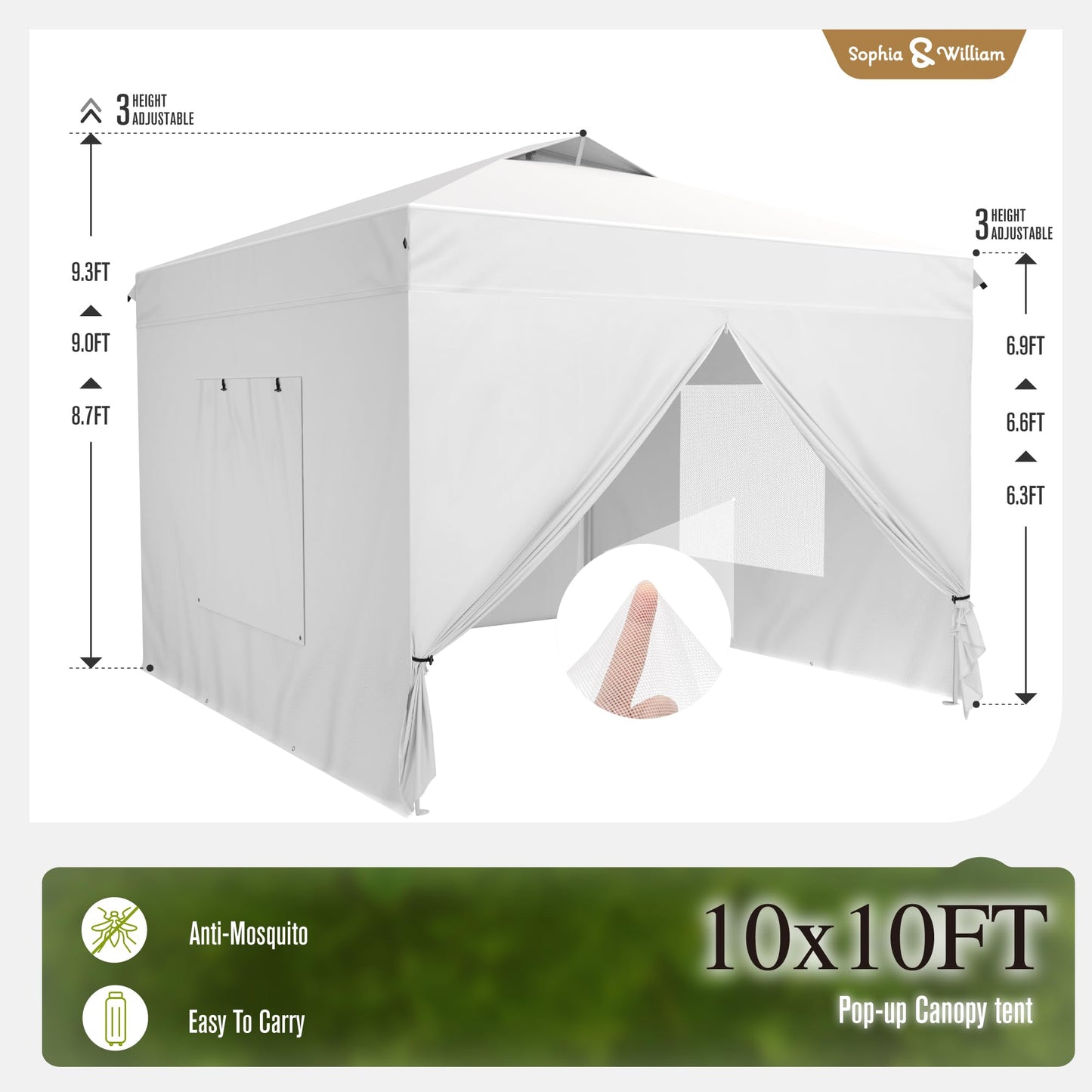 Sophia & William Canopy Tent Pop Up 10x10 ft One Person Push Set Up Canopies with 4 Sidewalls, Outdoor Shelter Heavy Duty Straight Legs with 4 Sandbags & 1 Roller Bag, 8 Stakes & 4 Guy Ropes, UPF50+