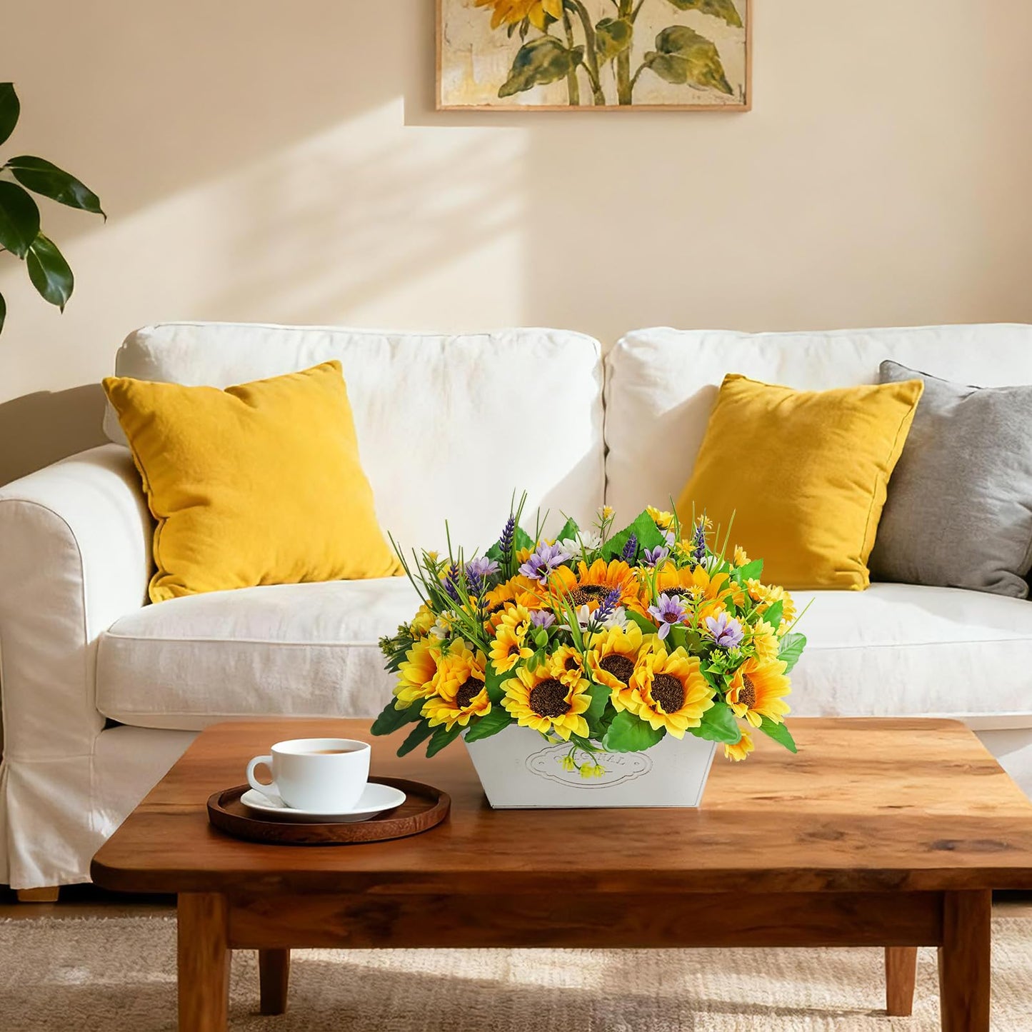 Scawim Pre-made Sunflower Centerpieces for Tables, Farmhouse Artificial Sunflowers Centerpieces in Pot Fake Sunflowers Arrangement for Home Decor, Rustic Potted Greenery for Wedding Party Kitchen Room