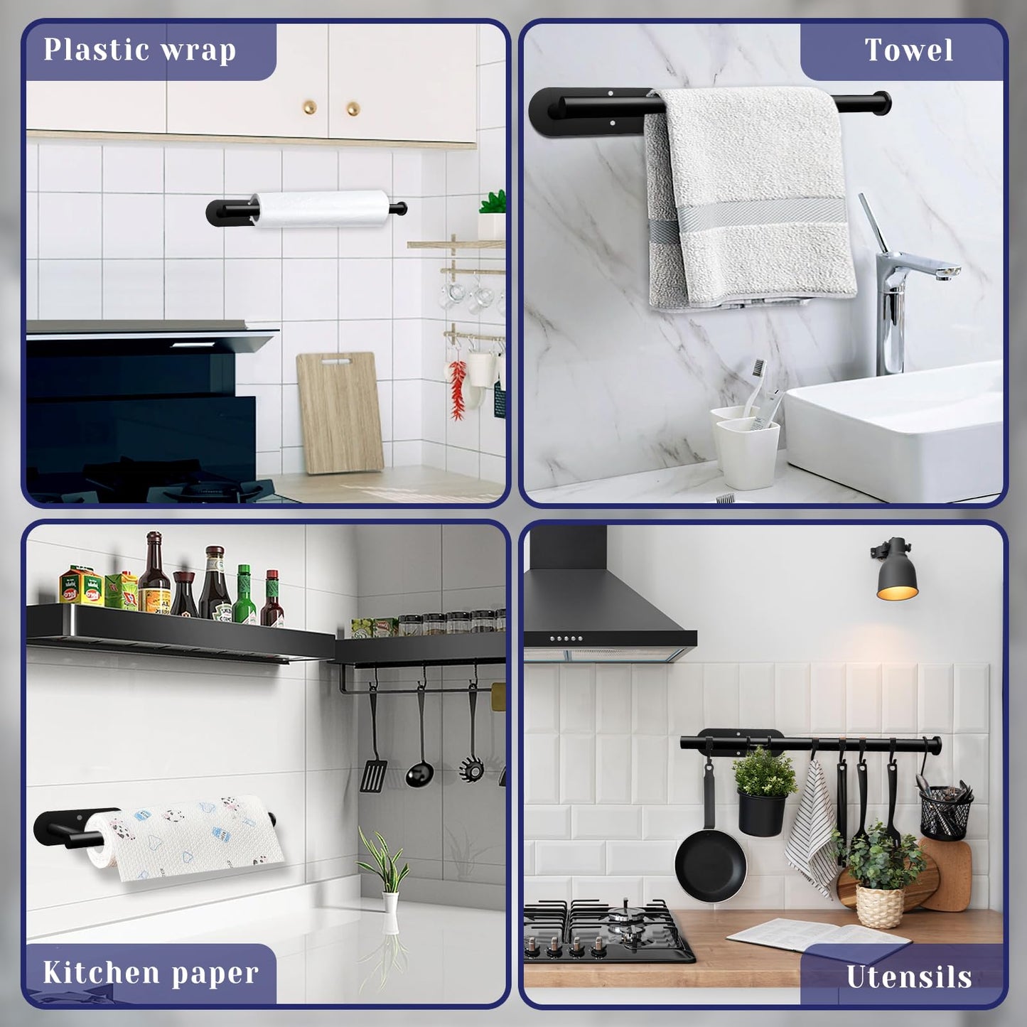 Paper Towel Holder, Self Adhesive or Drilling Paper Towel Holder Under Cabinet, Stainless Steel Black Paper Towel Holders Wall Mount for Kitchen, Bathroom, Sink, Pantry, Fridge