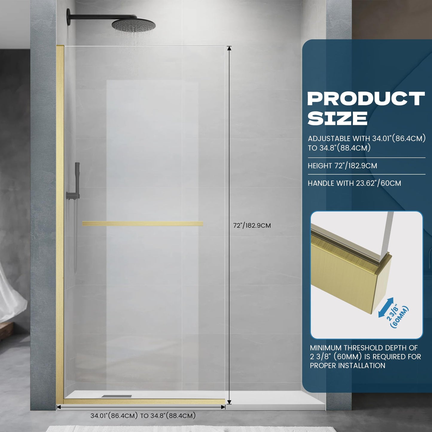 AquivaCoast 34" X 72" Semi-Framed Fixed Shower Screen with Handle, 5/16"(8mm) Thick Clear Tempered Glass Shower Panel, Shower Screen for Walk in Shower with Frame Hardware Kit, Brushed Gold