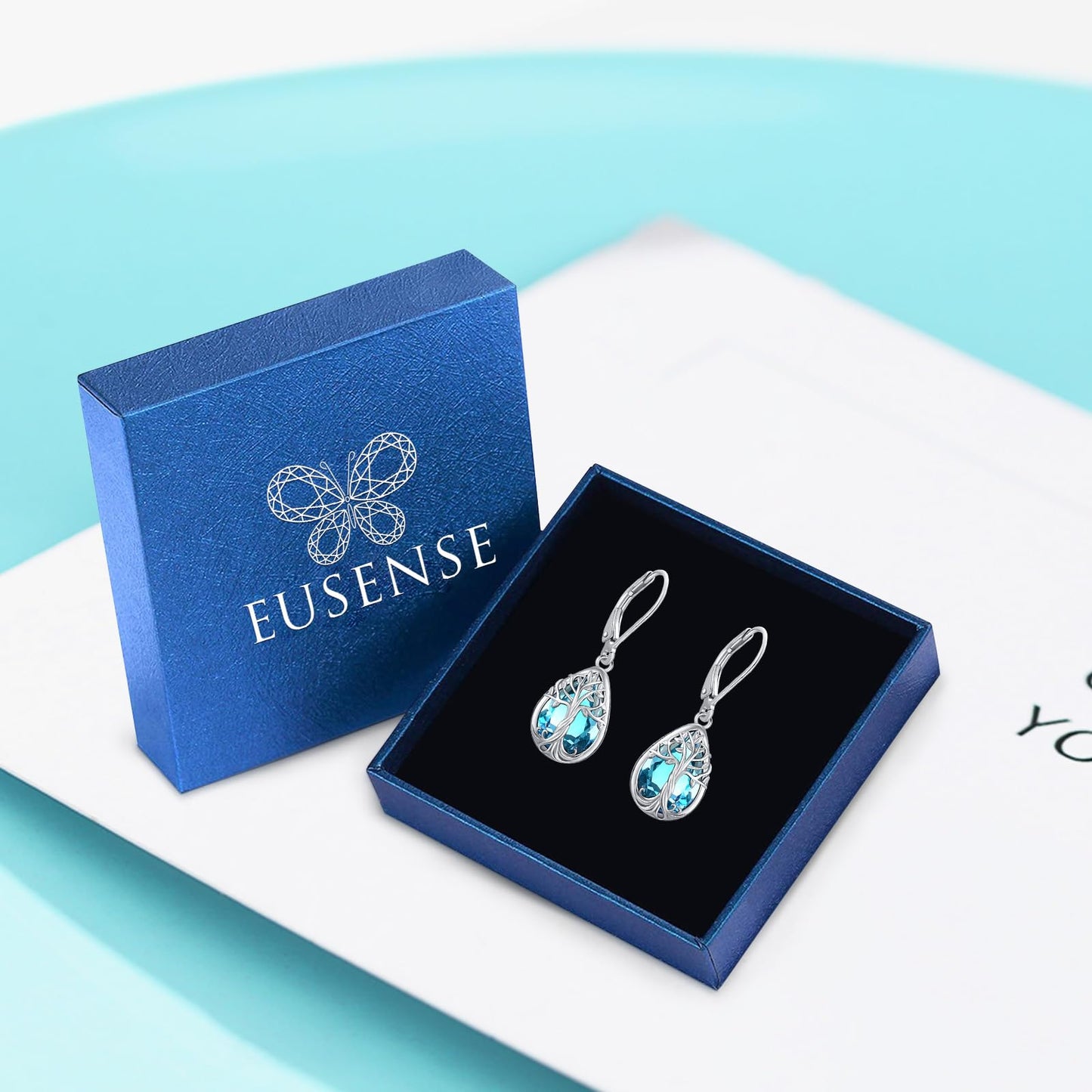 Eusense Sterling Silver Teardrop Dangle Birthstone Aquamarine Earrings Leverback Tree of Life Earrings for Women Sterling Silver Jewelry Gift Everyday Wear