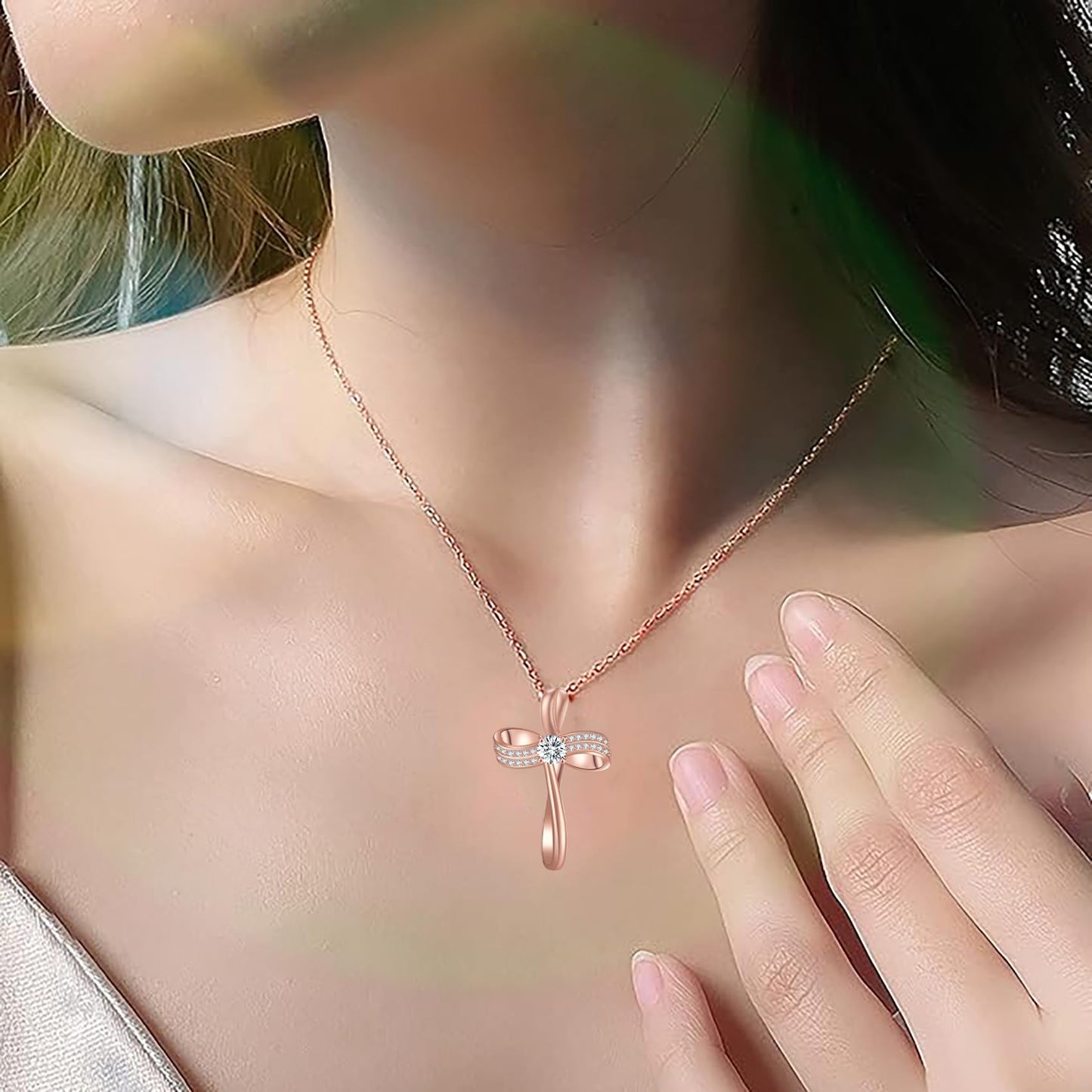 OKISIL 18K Gold Plated Cross Necklace for Women, S925 Sterling Silver Necklace for Women, Infinity Loop Pendant Jewelry with 5A Cubic Zirconia, Anniversary Birthday Christian Gifts for Women Her Wife (Rose gold)
