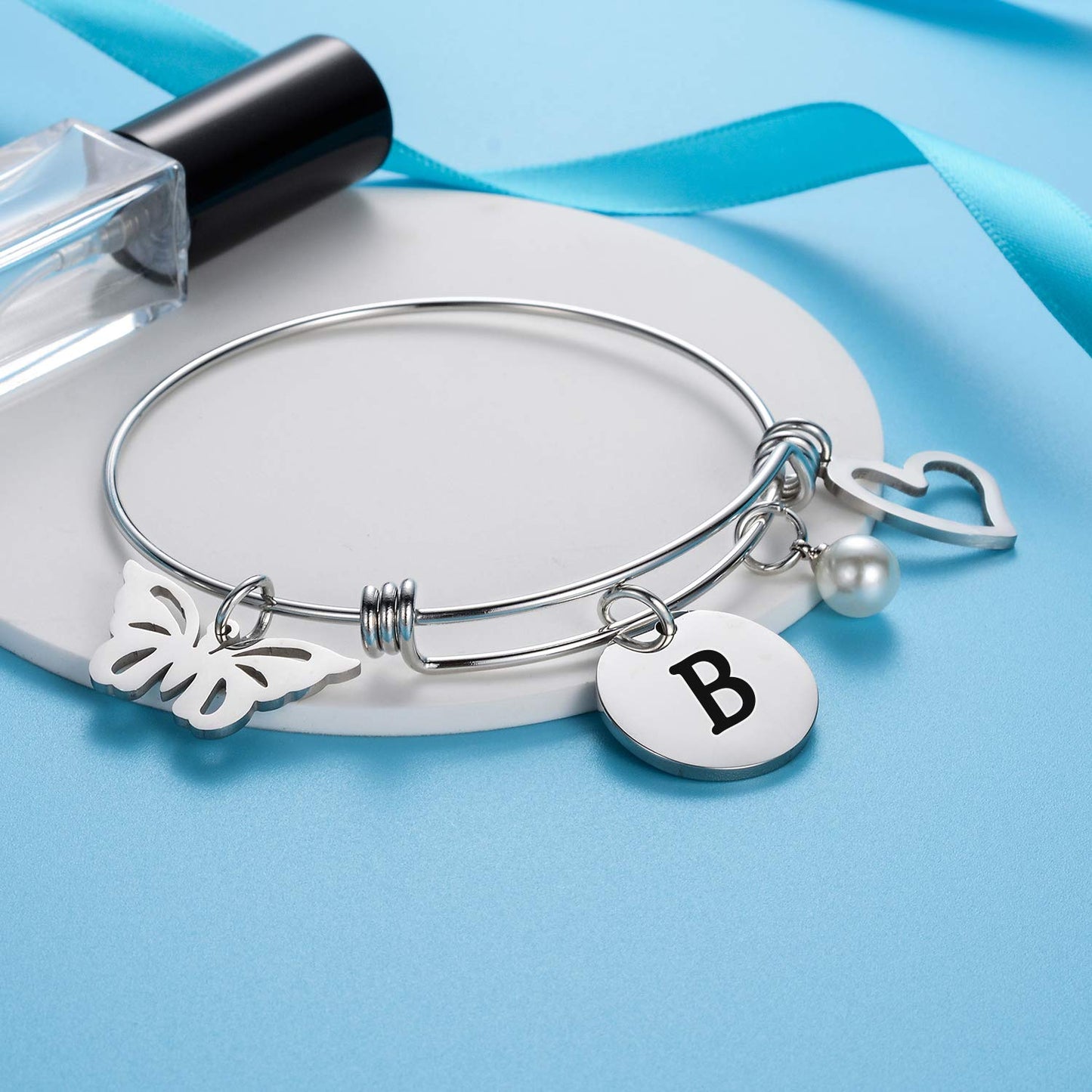 malyunin Initial Bracelet Charm Bracelets Heart Butterfly 26 Letters Alphabet Bracelet for Women Letter Bracelet Personalized Jewelry (B)