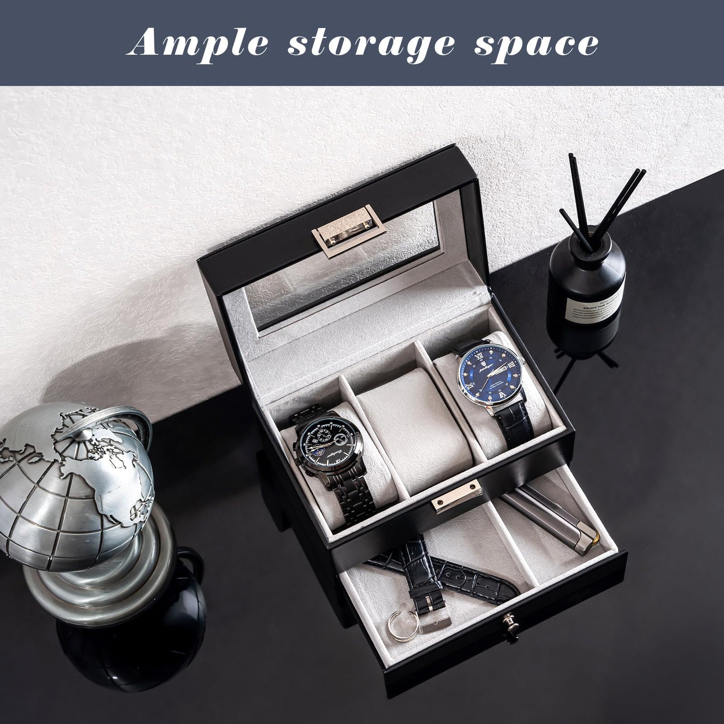 ProCase Watch Box, 3 Slot Watches Display Case with Drawer, Mens Watch Case with Glass Lid, 2-Layer Mens Jewelry Organizer Storage Holder, Birthday Valentine Gifts for Men-3 Slot, Black