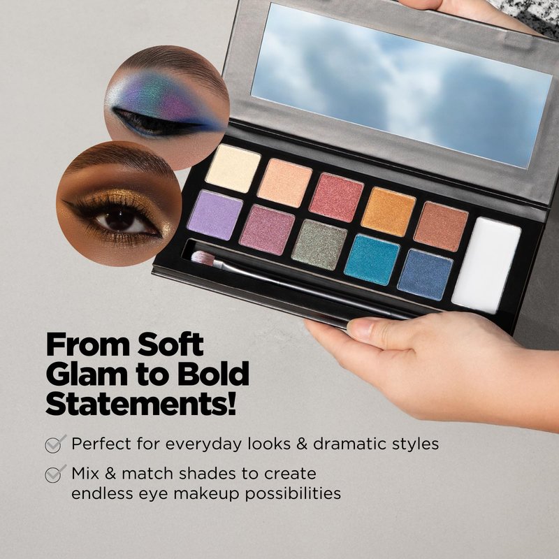 Klasme Endless Party Eyeshadow Palette | 10 Highly Pigmented Shimmer Shades | Vibrant Colors for Bold Looks | Includes Dual-Ended Brush & Primer