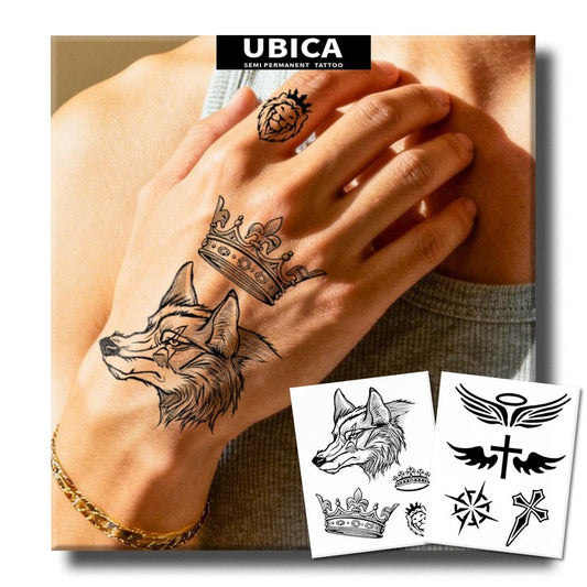 UBICA Semi Permanent Tattoos, 2 Sheets Realistic Temporary Tattoos for Men, Fake Tattoos for Hand Arm Wrist Ankle, Waterproof, No Reflective, Lasts 2 Weeks (Wolf Head Crown & Cross Angel Wings)