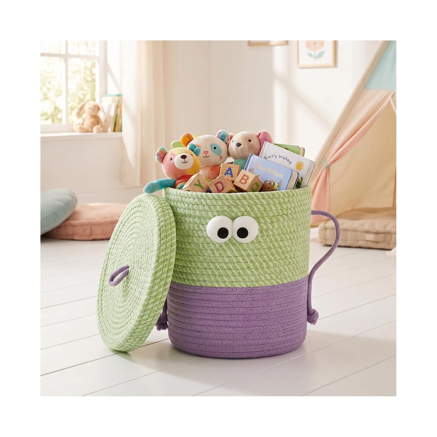 CTESNE Cotton Rope Storage Basket with Lid & Handles, Cute Monster Decor Basket for Nursery, Toys, Diapers, Baby Shower & Easter Gift, 9.8" x 9.8" (Green & Purple)