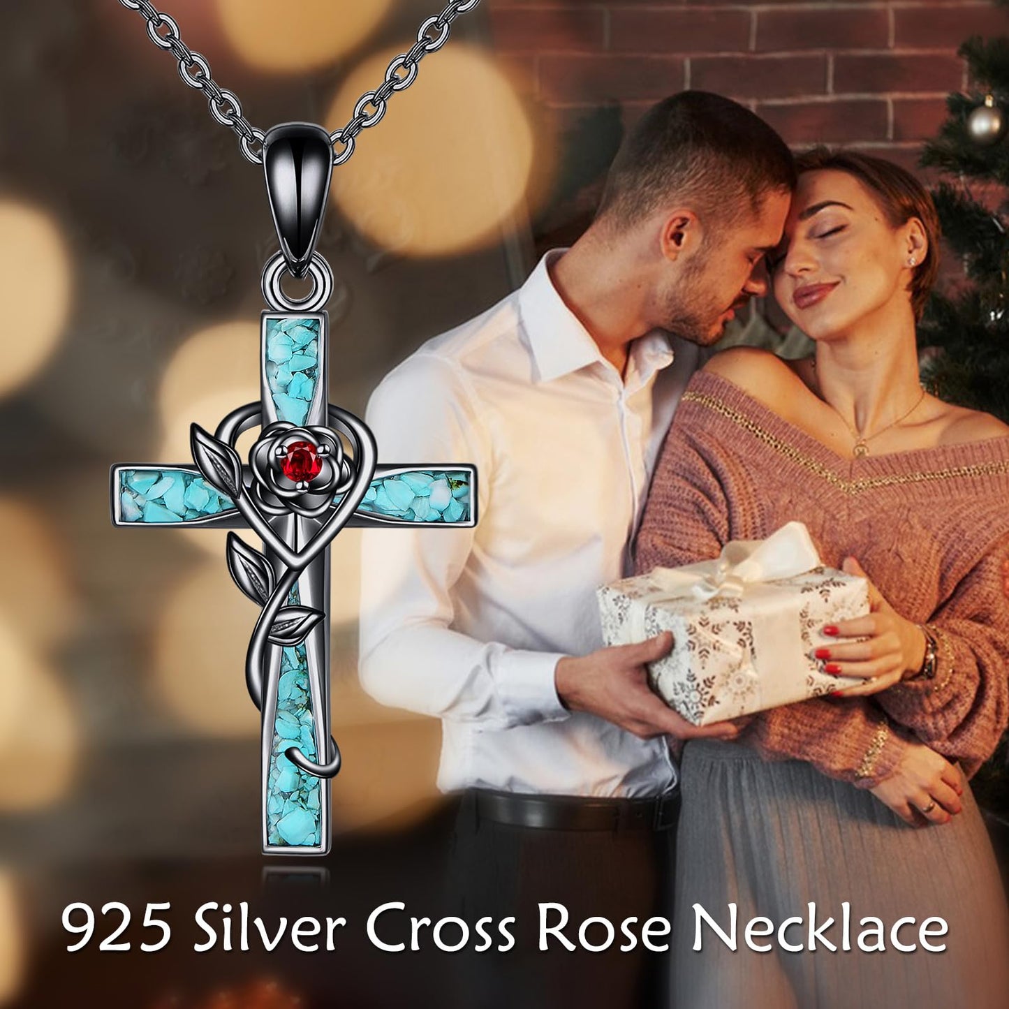 ONEFINITY Turquoise Cross Necklace 925 Sterling Silver Black Cross Pendant Necklace Jewelry Gifts For Women