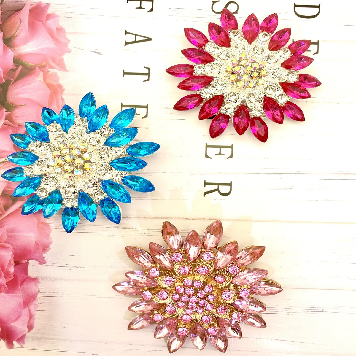 Rhinestone Sunflower Brooch Pin for Women Red Black Purple Large Flower Broochs Snowflake Brooch Marquise Wreath Brooches Jewelry (Blue1)