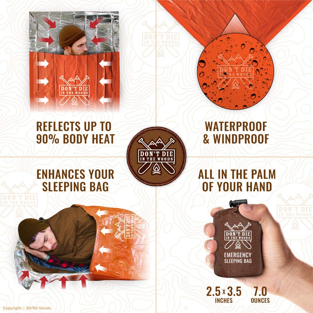 Don’t Die in The Woods - Emergency Sleeping Bag with Hood - Made with Extra Thick Thermal Mylar - Hiking Camping Blanket Survival Gear Essentials Tactical Car Disaster First Aid Kit (Orange)