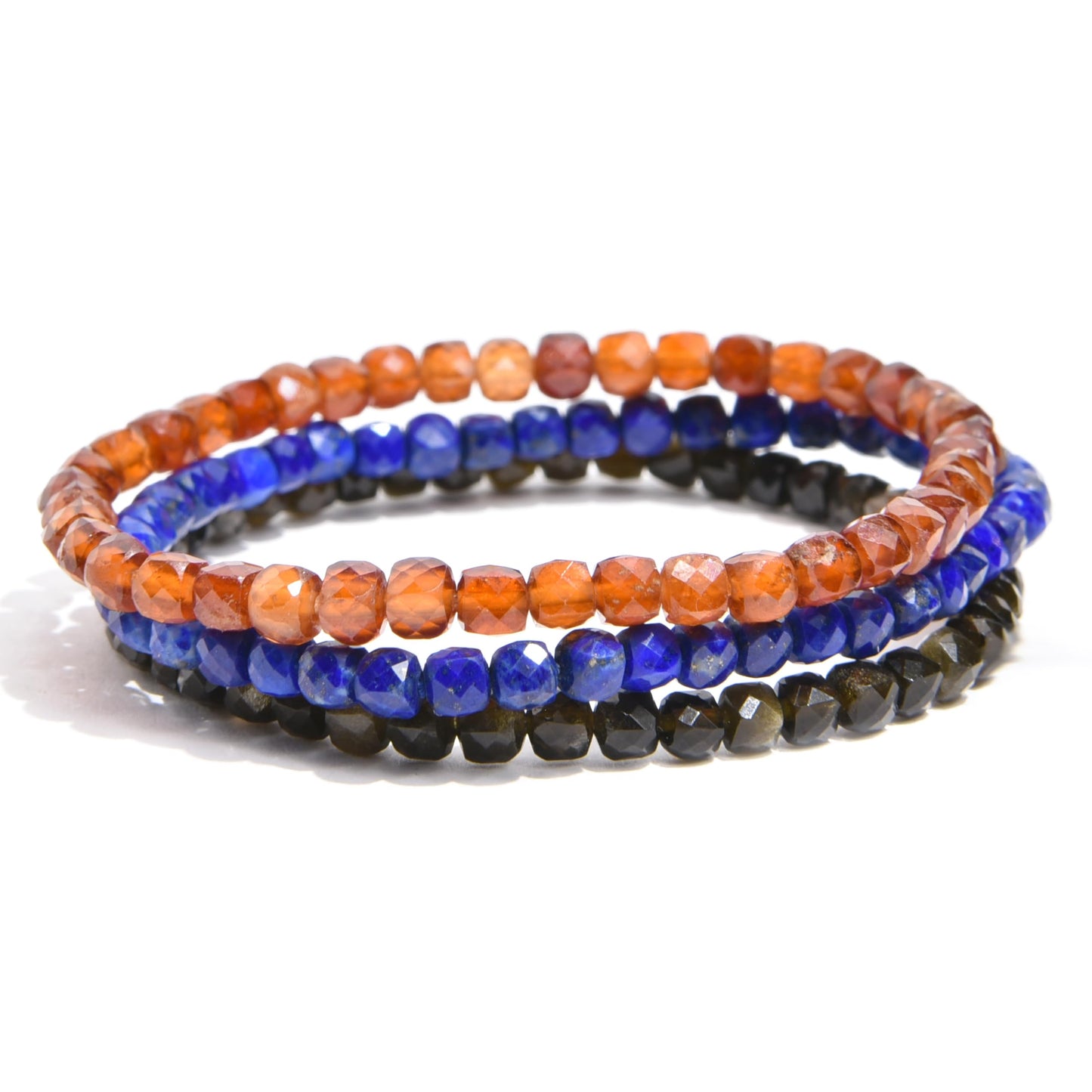 3Pcs Natural 5A Crystal Gemstone Bracelet for Women and Teens | 4mm Icosahedron Shape Healing Energy Charged Quartz Stone Beads (Protection Pack (Lapis Lazuli, Orange Garnet, Golden Obsidian))