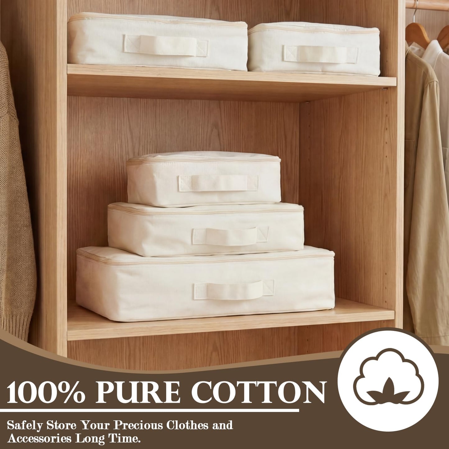 Shinymoon 3 Set 100% Cotton Packing Cubes with Handle Travel Luggage Storage Organizer Bags Beige Suitcases Bags Durable Zippers for Clothes Shoes Storage Weekend Plus Set(Regular Styles)