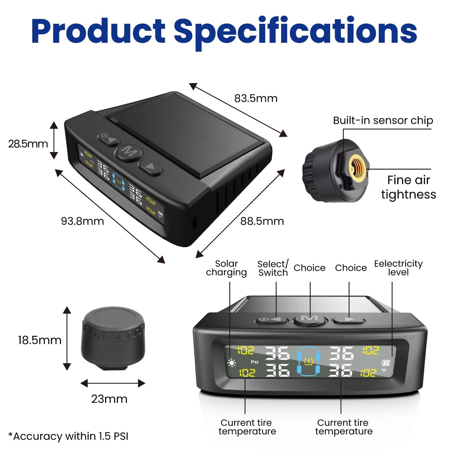 RV Tire Pressure Monitoring System 4-Wheel, Wireless Tire Pressure Monitoring Systems with 4 Sensors & 6 Alarm Modes, Solar/USB Charging, TPMS for RV Truck SUV w/ 10 Tire Repair Rubber Nails