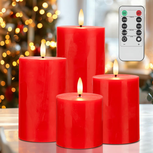 AFINETH Red Flameless Pillar Candles, Battery Operated Wax Candles with Remote, Flat Top Flickering Christmas LED Candle Decorations for Xmas, Home, Party Decor, Set of 4